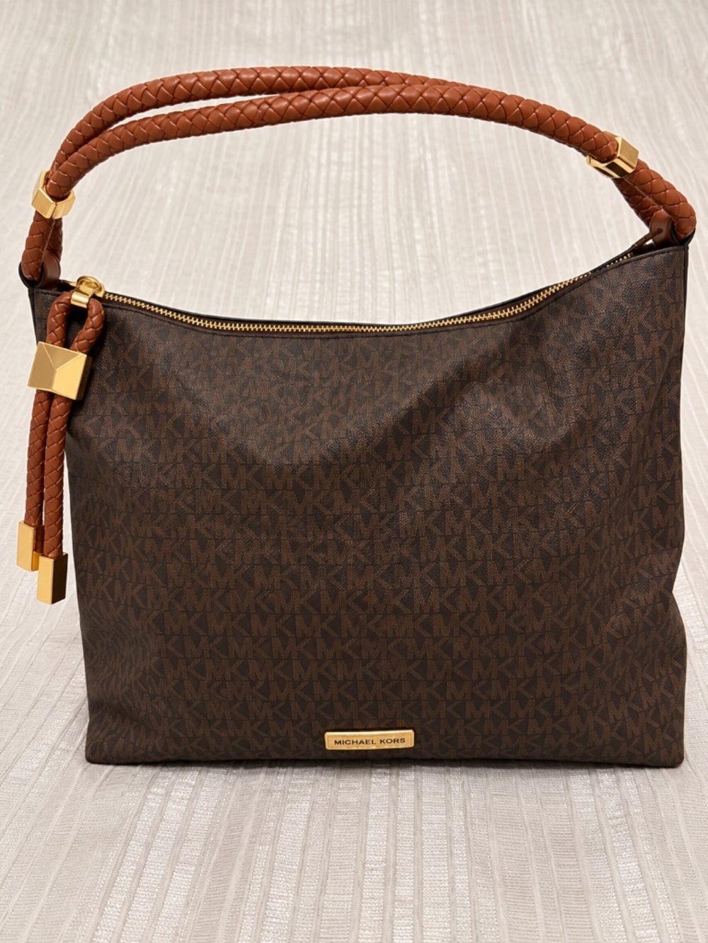 Michael Kors Brown Signature MK Logo Braided Handle Hobo Shoulder Bag